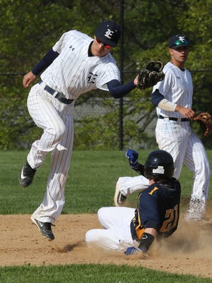 Pelham's Gordy MacDonald (21) steals second base over Eastchester's Tak Miki (11) during baseball at Eastchester High School on May 12, 2016. 