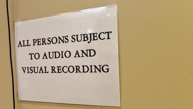 A sign on the wall Wednesday, May 11, 2016 at Waynesboro Police Department identifies the interview room.  Each local department has similar ways to recording interviews to be used as evidence.