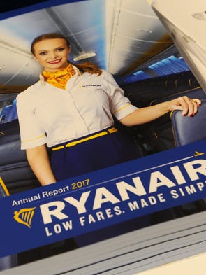 The Ryanair annual report is shown in this photo from