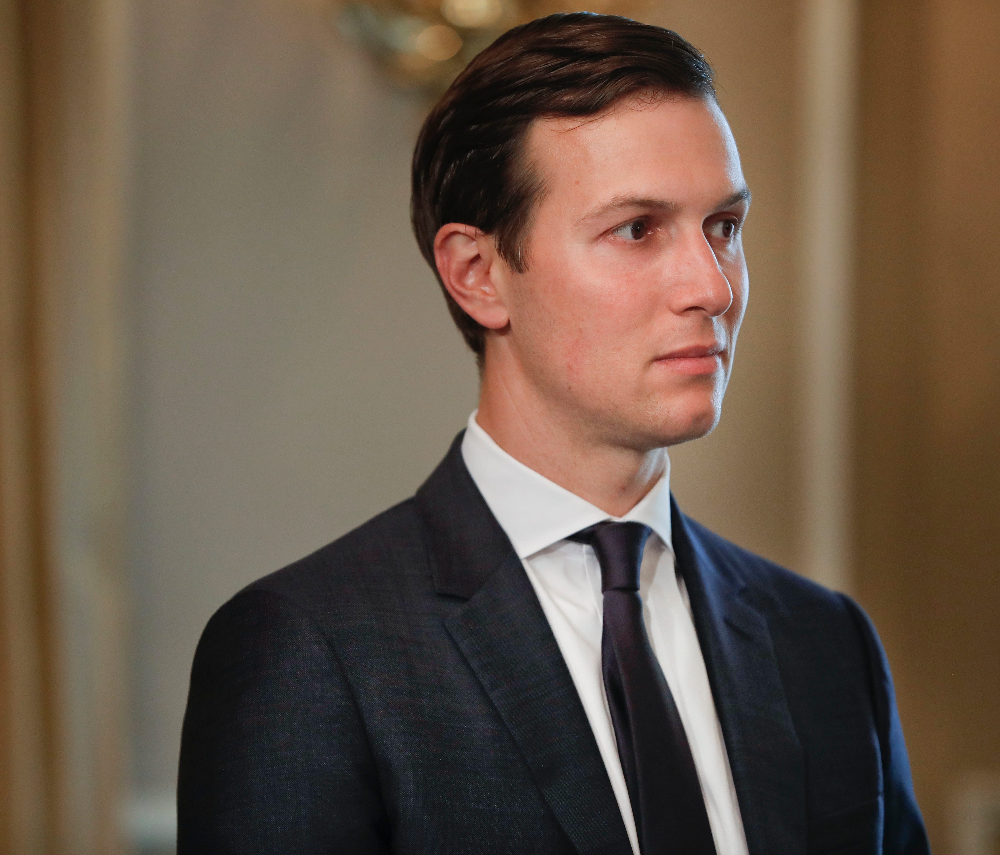 White House senior adviser Jared Kushner listens as President Trump answers questions regarding the ongoing situation in North Korea, Friday, Aug. 11, 2017, at Trump National Golf Club in Bedminster, N.J.