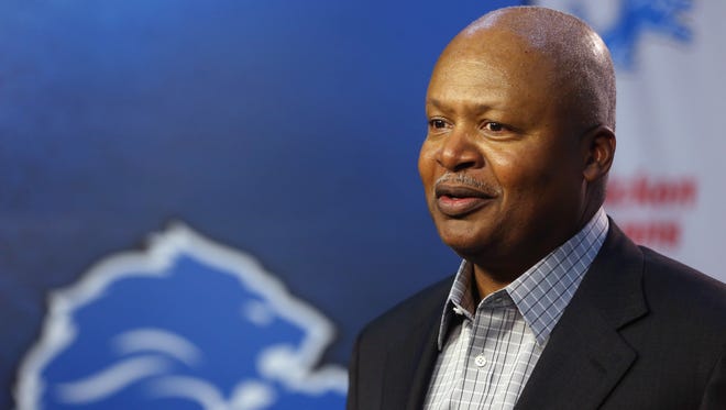 Detroit Lions coach Jim Caldwell addresses the media May 1, 2015, in Allen Park.