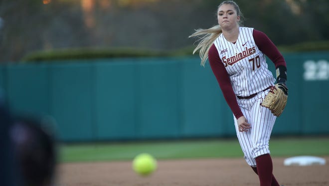 FSU's Cassidy Davis pitches against FAMU during their game at JoAnne Graf Field on Wednesday, Feb. 15, 2017.