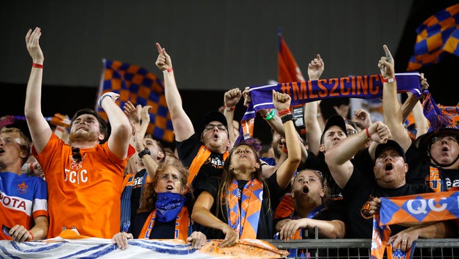 FC Cincinnati fans celebrate the win against Chicago Fire FC during the Lamar Hunt US Open Cup match between the Chicago Fire and FC Cincinnati on June 28, 2017 at Nippert Stadium.