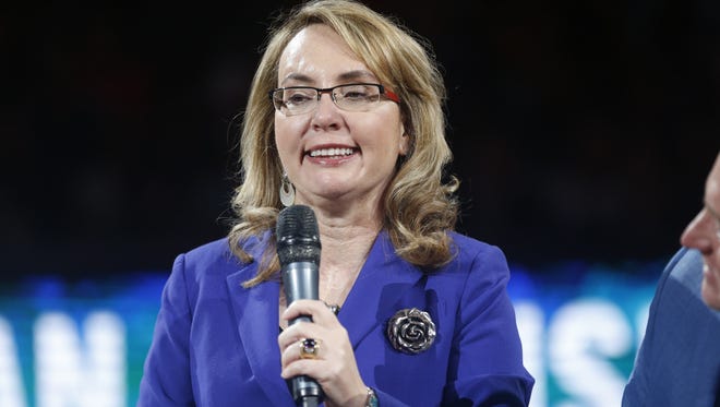 Gabrielle Giffords answers questions from Ann Meyers during the halftime of the Mercury vs. Sparks WNBA game at Talking Stick Resort Arena in Phoenix, Ariz. on August 24, 2017.
