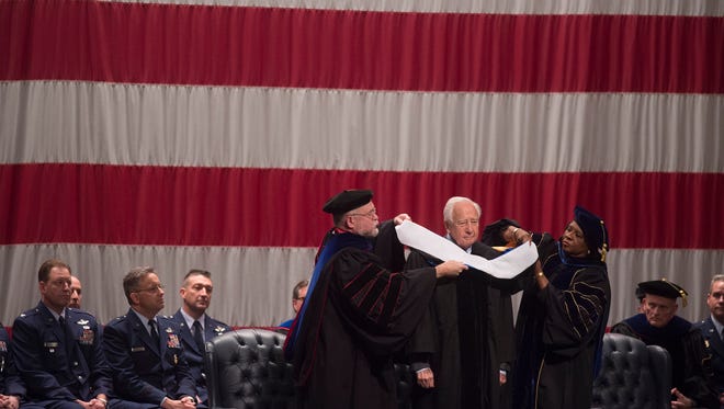 David McCullough, Pulitzer Prize winning author, receives an honorary doctorate from Air University on Monday, Nov. 16, 2015, at Maxwell Air Force Base in Montgomery, Ala.