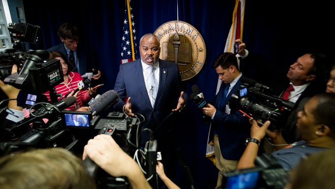 Quinton Ross, D-Montgomery, speaks to the media during discussion of the Lottery Bill at the legislative special session on Thursday, August 26, 2016, at the State House in Montgomery, Ala. 