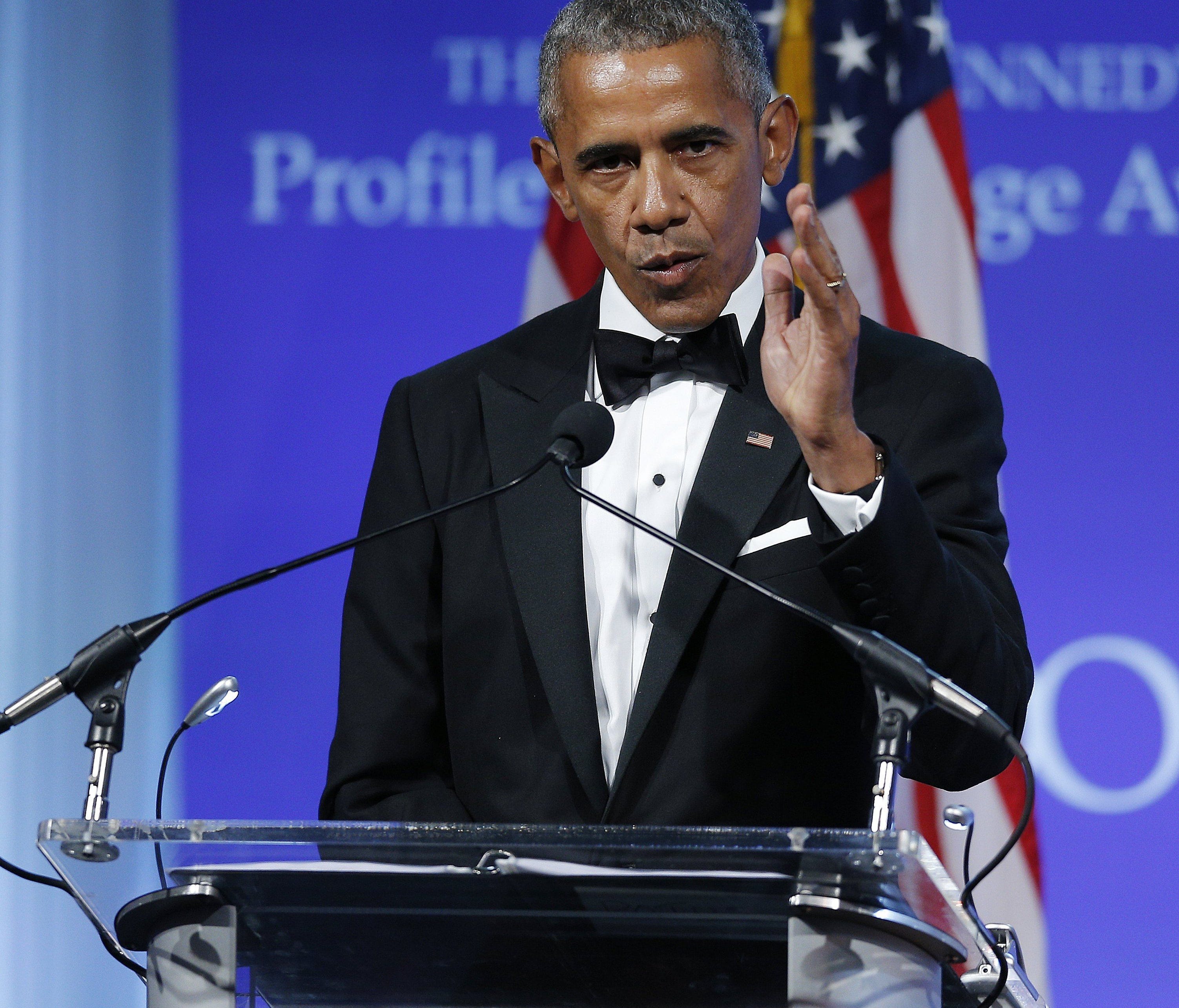 Former US President Barack Obama  speaks after being presented the 2017 John F. Kennedy Profile In Courage Award at the John F. Kennedy Library in Boston, Massachusetts, USA, 07 May 2017. Obama is being honored for 'his enduring commitment to democra