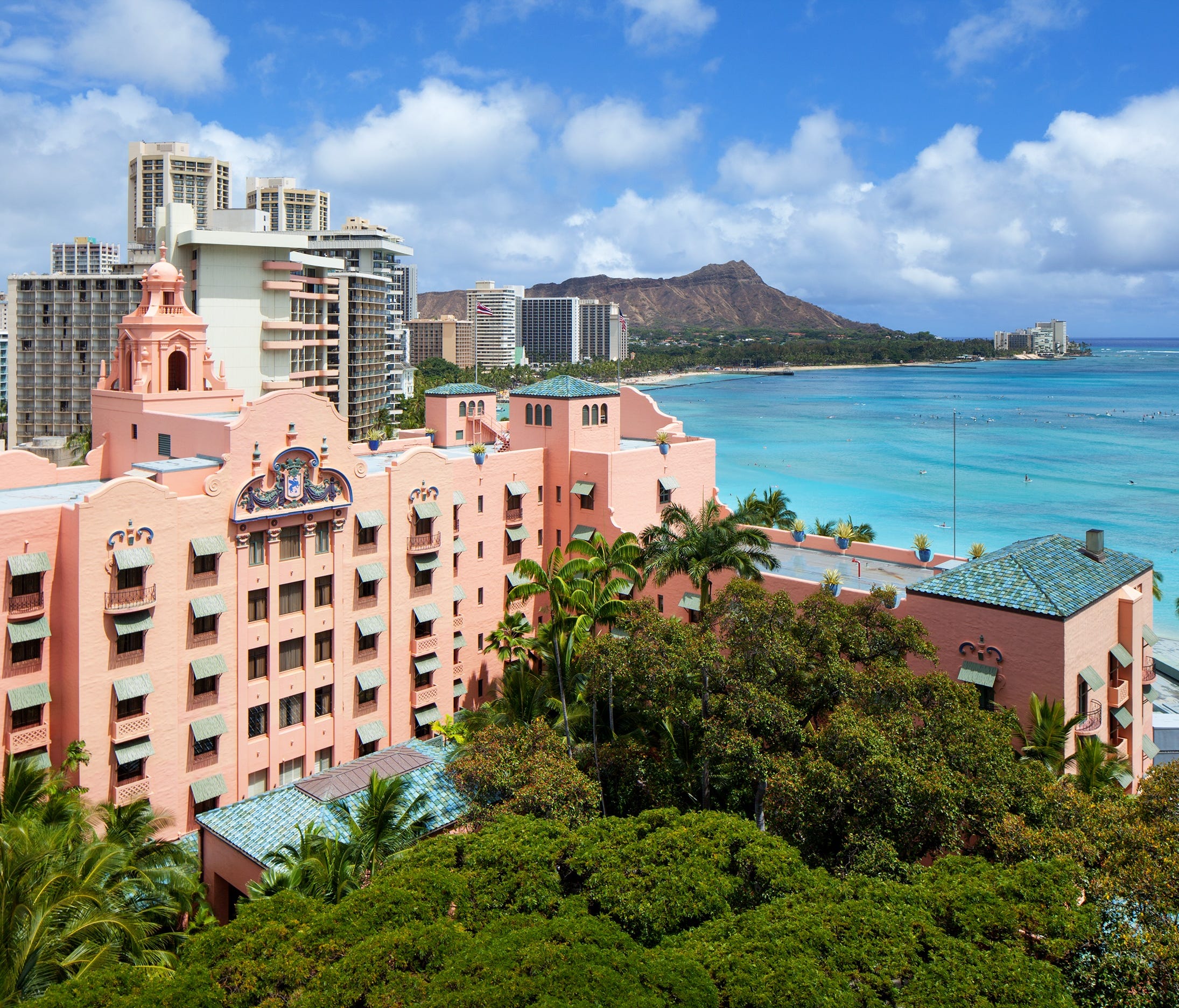 The historic Royal Hawaiian sits on Waikiki Beach on the Hawaiian island of Oahu.