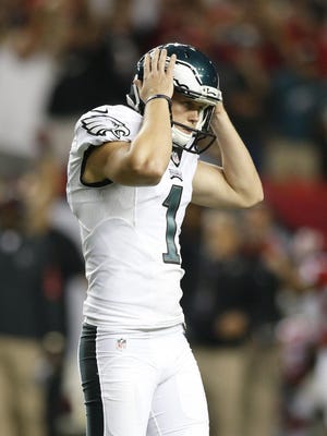 Eagles kicker Cody Parkey reacts after missing a 44-yard field goal on Sept. 14 against the Atlanta Falcons in the fourth quarter at the Georgia Dome in Atlanta.