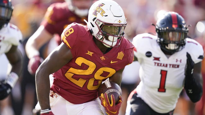 Iowa State running back Breece Hall leads the nation in rushing and is the only back or receiver with more than 1,000 yards. He's tied for second nationally with 14 touchdowns and has rushed for at least 100 yards in all seven games.