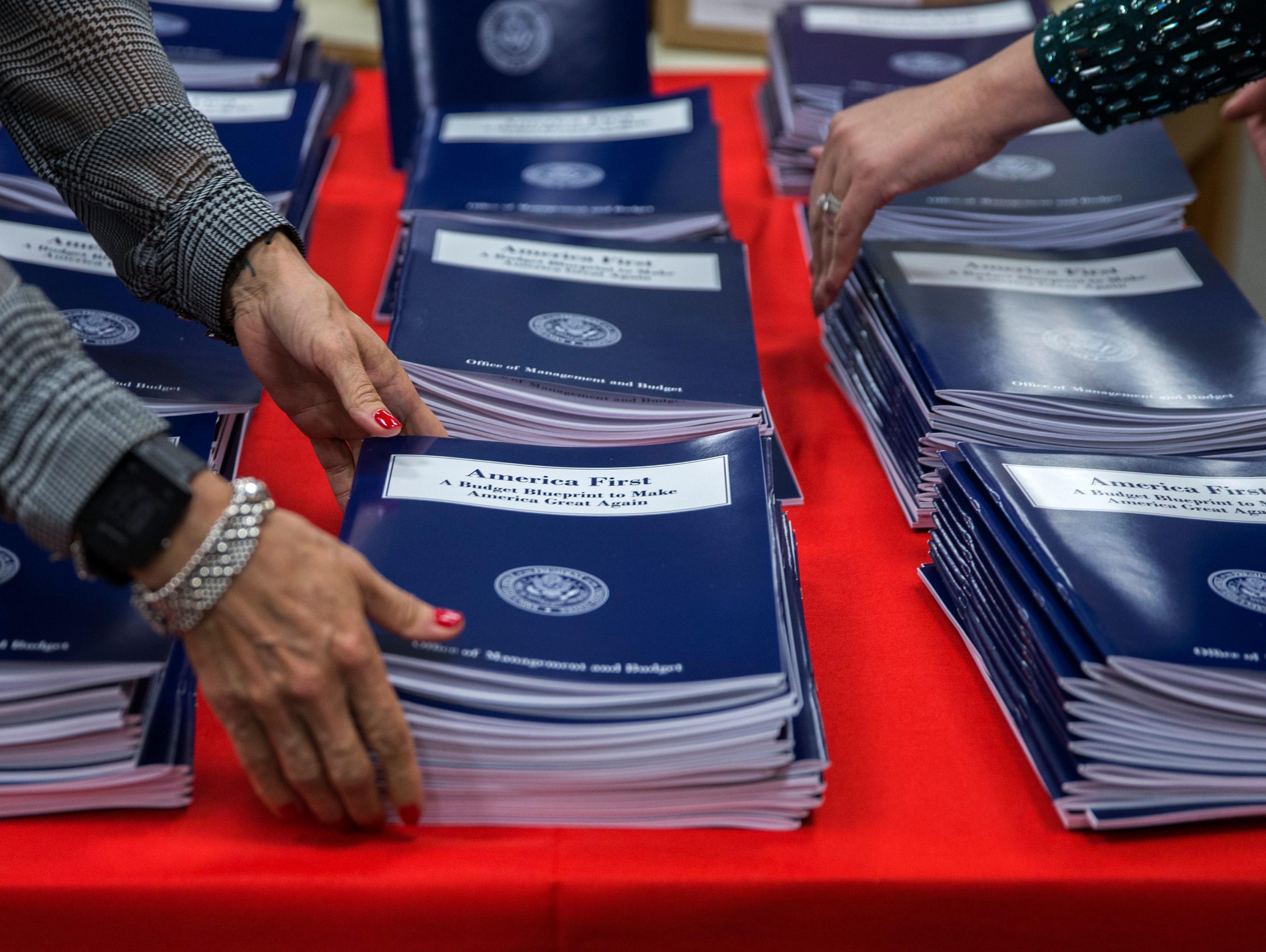Copies of President Trump's budget are pictured at the Government Printing Office on March 16, 2017.