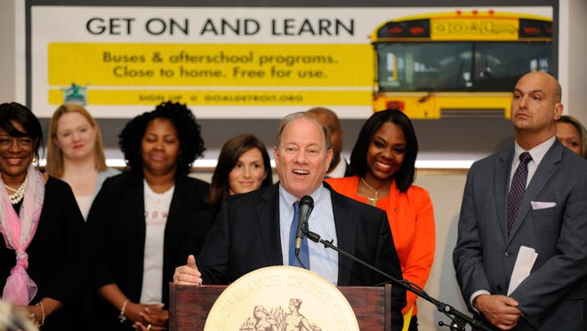 City of Detroit Mayor Mike Duggan addresses the media as he talks about the launch of the Northwest Detroit bus loop program, Monday, June 11, 2018, at the Northwest Activities Center in Detroit.