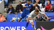 Leicester City's Riyad Mahrez  vies for the ball with