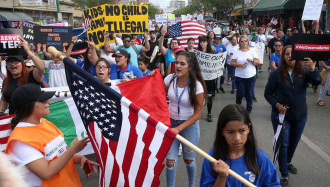 Demonstrators young and old march down South El Paso Street to the base of the Paso Del Norte Port of Entry during a “massive mobilization” calling for the end to child and family detention Saturday in Downtown El Paso. Organizers estimated the crowd at 1,500. Speakers called for the abolishment of Immigration and Customs Enforcement. The rally was organized by the Border Network for Human Rights, Las Americas Immigrant Advocacy Center and other groups.