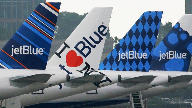 JetBlue planes at California's Long Beach Airport on Oct. 25, 2011.
