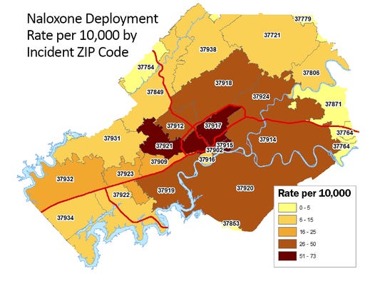 Which Knox County ZIP codes have the most overdose