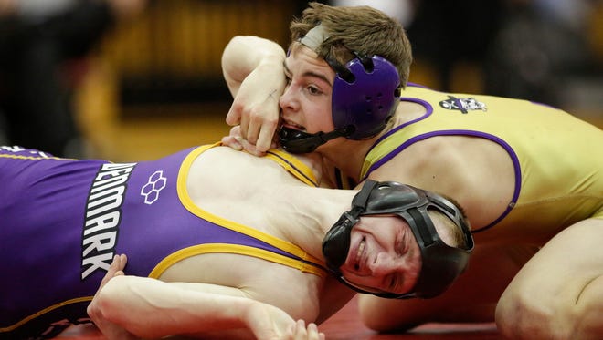 Two Rivers' Matt Bianchi wrestles Denmark's Cole Tenor in the 113-pound championship match at the WIAA Division 2 regional Feb. 10 at Valders High School.