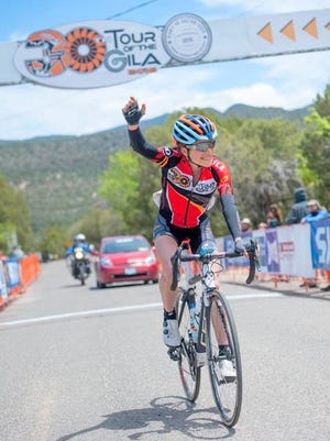 Mara Abbott crosses the finish line after stage five of the Tour of the Gila on Sunday. She was the overall winner.