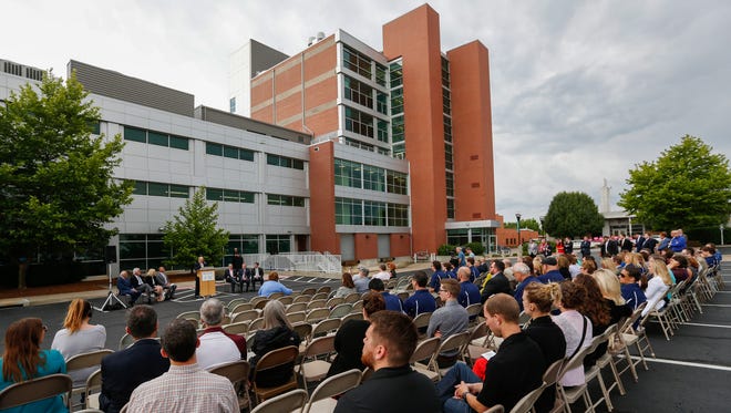 The crowd listens as Clif Smart, president of Missouri State University, speaks during the 10-year celebration of the Roy Blunt Jordan Valley Innovation Center on Wednesday, May 31, 2017.