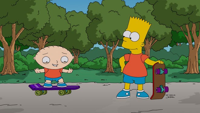 Stewie Griffin, left, learns to skateboard from his new friend, Bart Simpson in a scene from “The Simpsons Guy,” the one-hour season premiere episode of "Family Guy," airing Sunday, Sept. 28, 2014. The Fox network isn't responding to suggestions that it edit the upcoming crossover episode of "The Simpsons" and "Family Guy" to remove a joke where the punch line is "your sister's being raped."