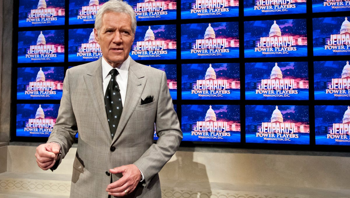 Alex Trebek speaks during a rehearsal before a taping of Jeopardy! Power Players Week at DAR Constitution Hall on April 21, 2012, in Washington.