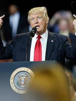 President Trump makes a point during his speech at Freedom Hall, in Louisville. March 20, 2017.