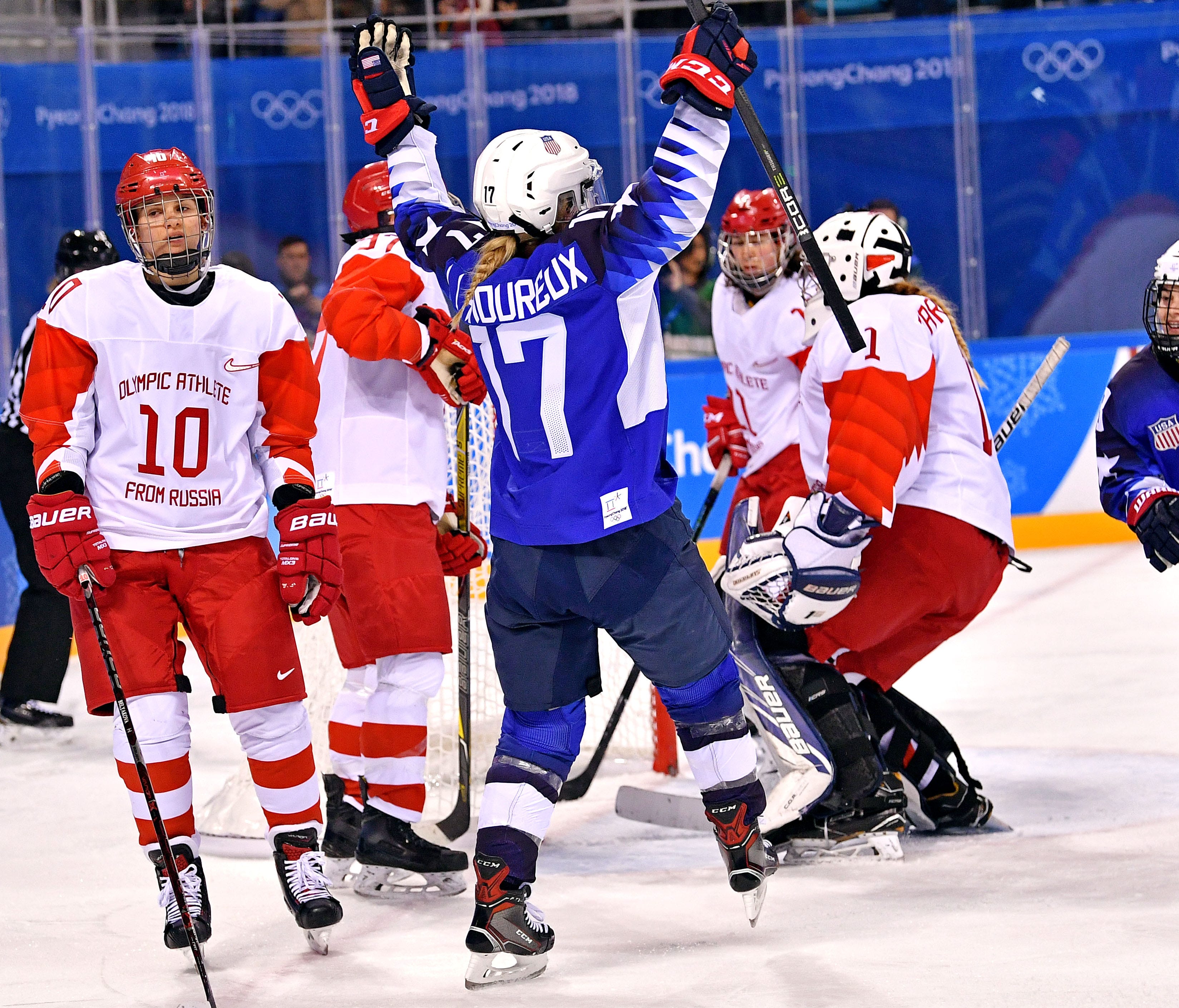 United States forward Jocelyne Lamoureux (17) celebrates a goal against Olympic Athletes from Russia in women's hockey group A play during the Pyeongchang 2018 Olympic Winter Games at Kwandong Hockey Centre.