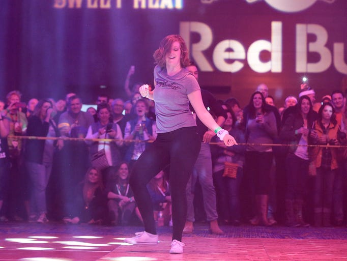 A finalist in the Oscar Meyer Dance Off competes during