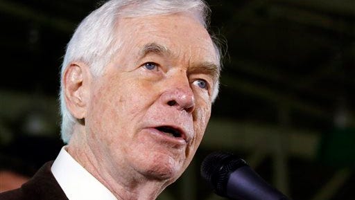 FILE - In this Tuesday, Nov. 4, 2014, file photo, Sen. Thad Cochran, R-Miss., speaks to supporters following his victory over Democrat Travis Childers and Reform Party candidate Shawn O'Hara, at his victory party in Jackson, Miss. In a statement released Monday, May 25, 2015, Cochran's office said he married longtime aide Kay Webber in a private ceremony on Saturday in Gulfport, Miss. (AP Photo/Rogelio V. Solis, File)