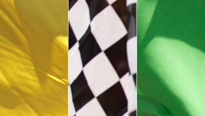 Yellow, checkered and green flags.