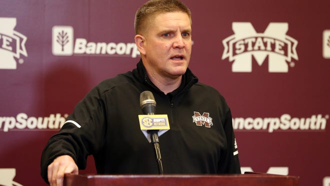 MSU defensive coordinator Bob Shoop answers a question during a press conference.
