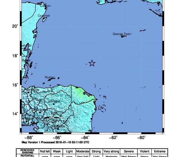 A handout photo provided by the US Geological Survey (USGS) shows the epicenter (marked with a star) of a magnitude-7.6 earthquake struck about 125 miles north-northeast of Barra Patuca, Honduras on Tuesday.