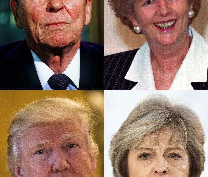 Montage, moving right, of Ronald Reagan, Margaret Thatcher, Theresa May and Donald Trump.