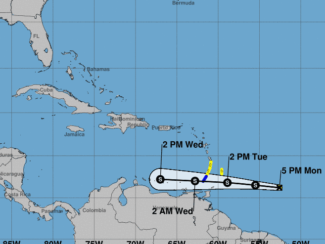 Tropical Storm Don is forecast to move west into the Caribbean Sea over the next few days.
