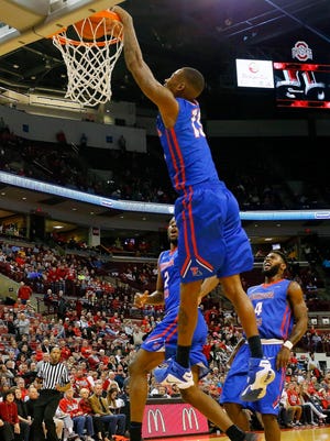 Louisiana Tech guard Jacobi Boykins (13) dunks against the Ohio State Buckeyes during the second half at Value City Arena earlier this season. Tech is just 2-3 in Conference USA this year.