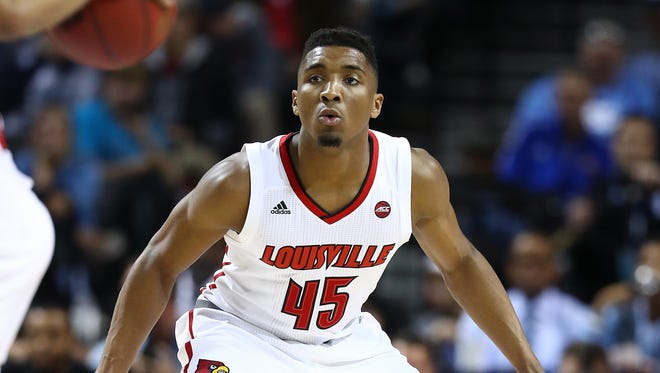 Louisville Cardinals guard Donovan Mitchell in action against the Duke Blue Devils during the quarterfinals of the ACC tournament at the Barclays Center on March 9, 2017 in New York City.