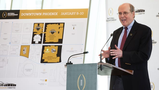 Bill Hancock, executive director of the College Football Playoff, speaks at a news conference on May 5, 2015 at Phoenix Convention Center.