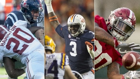 Former G.W.  Carver High defensive stars Shaun Hamilton (20), Marlon Davidson (3) and Mack Wilson have been contributors for Alabama and Auburn, respectively, this season. Hamilton is a junior while Davidson and Wilson are true freshmen.
