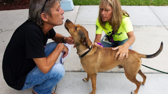 Deb McCoy, right, introduces Draper to Randy Wood during the Maddie's Pet Adoption Days event lsat summer at the Gulf Coast Humane Society in Fort Myers. Wood adopted Draper.
