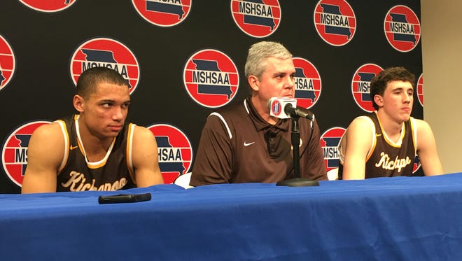 Kickapoo senior Cameron Davis, coach Dick Rippee and senior Jared Ridder field questions in the media room at Mizzou Arena following a 58-57 loss to Webster Groves in the 2017 Class 5 boys basketball playoff semifinals on March 17, 2017.