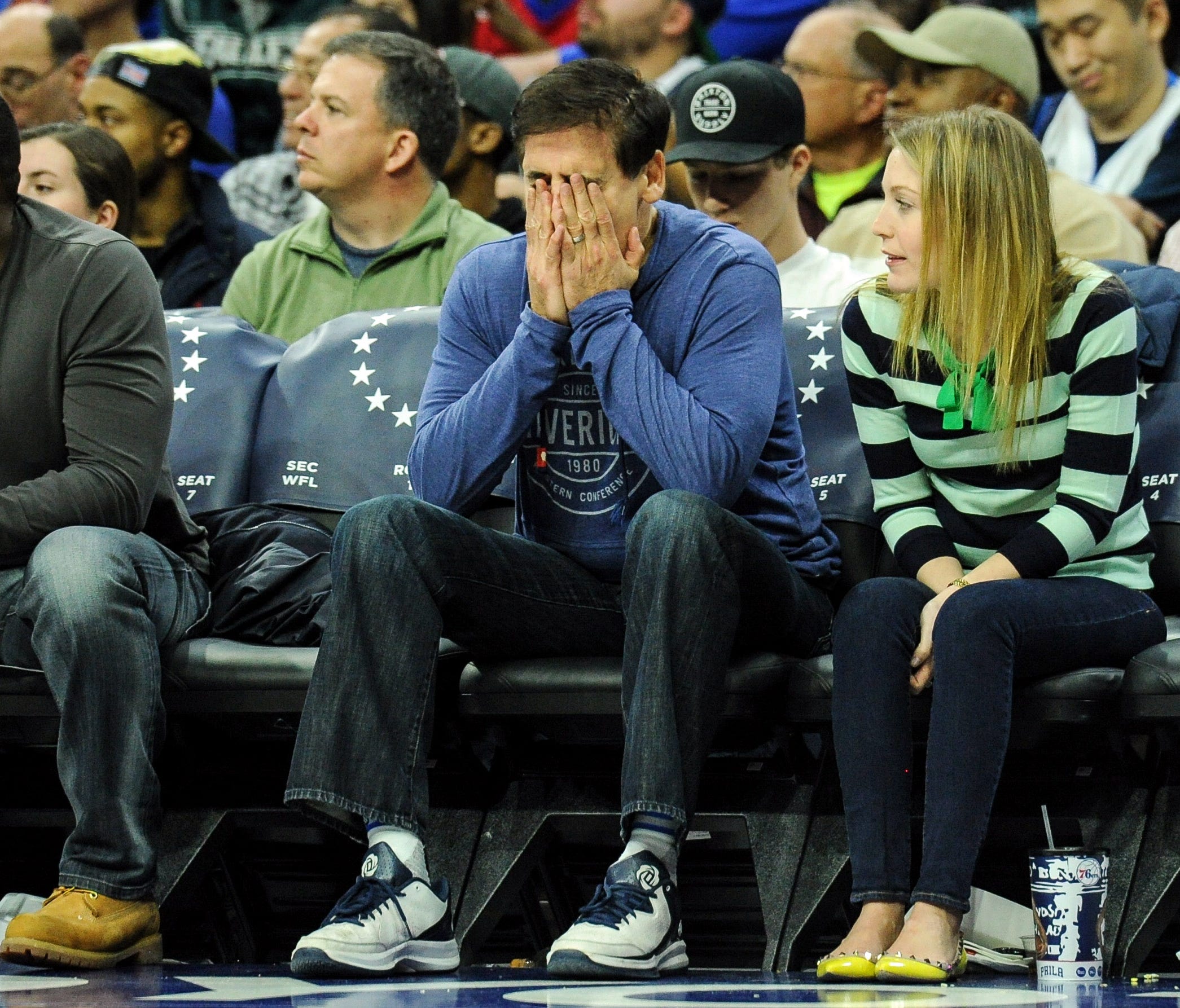 Mar 17, 2017; Philadelphia, PA, USA; Dallas Mavericks owner Mark Cuban reacts to a turnover during the third quarter of the game against the Philadelphia 76ers at the Wells Fargo Center. The Philadelphia 76ers won the game 116-74. Mandatory Credit: J