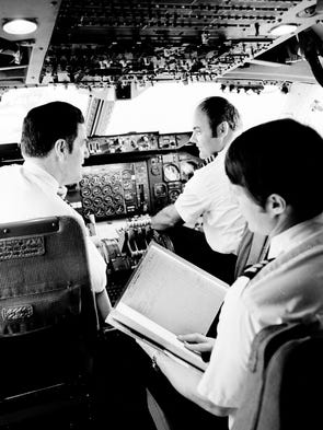 A Delta Air Lines Boeing 747 flight crew is seen in