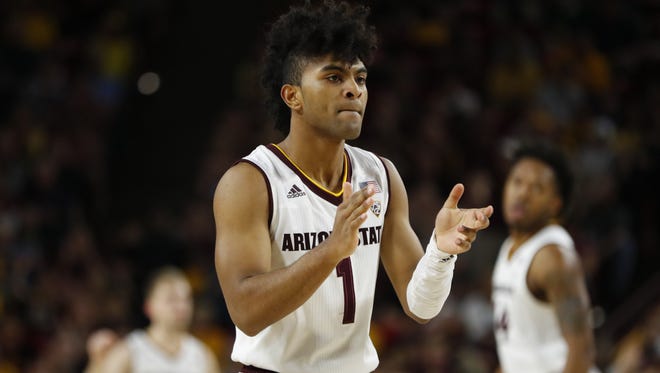 ASU's Remy Martin (1) claps after the Sun Devils scored against UCLA during first half at Wells Fargo Arena on February 10, 2018 in Tempe, Ariz.