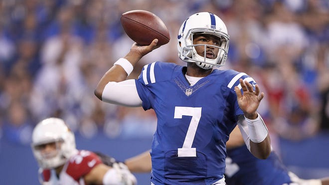 Indianapolis Colts quarterback Jacoby Brissett (7) in the second half of their game at Lucas Oil Stadium Sunday, Sept, 17, 2017. The Colts lost to the Cardinals 16-13 in overtime.