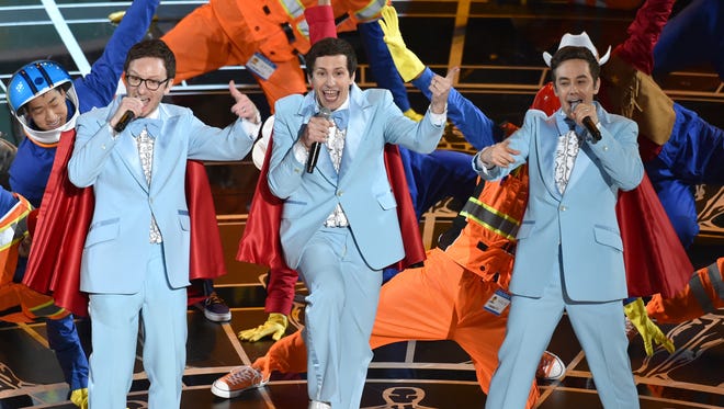 Akiva Schaffer, from left, Andy Samberg and Jorma Taccone of The Lonely Island perform at the Oscars on Sunday, Feb. 22, 2015, at the Dolby Theatre in Los Angeles.