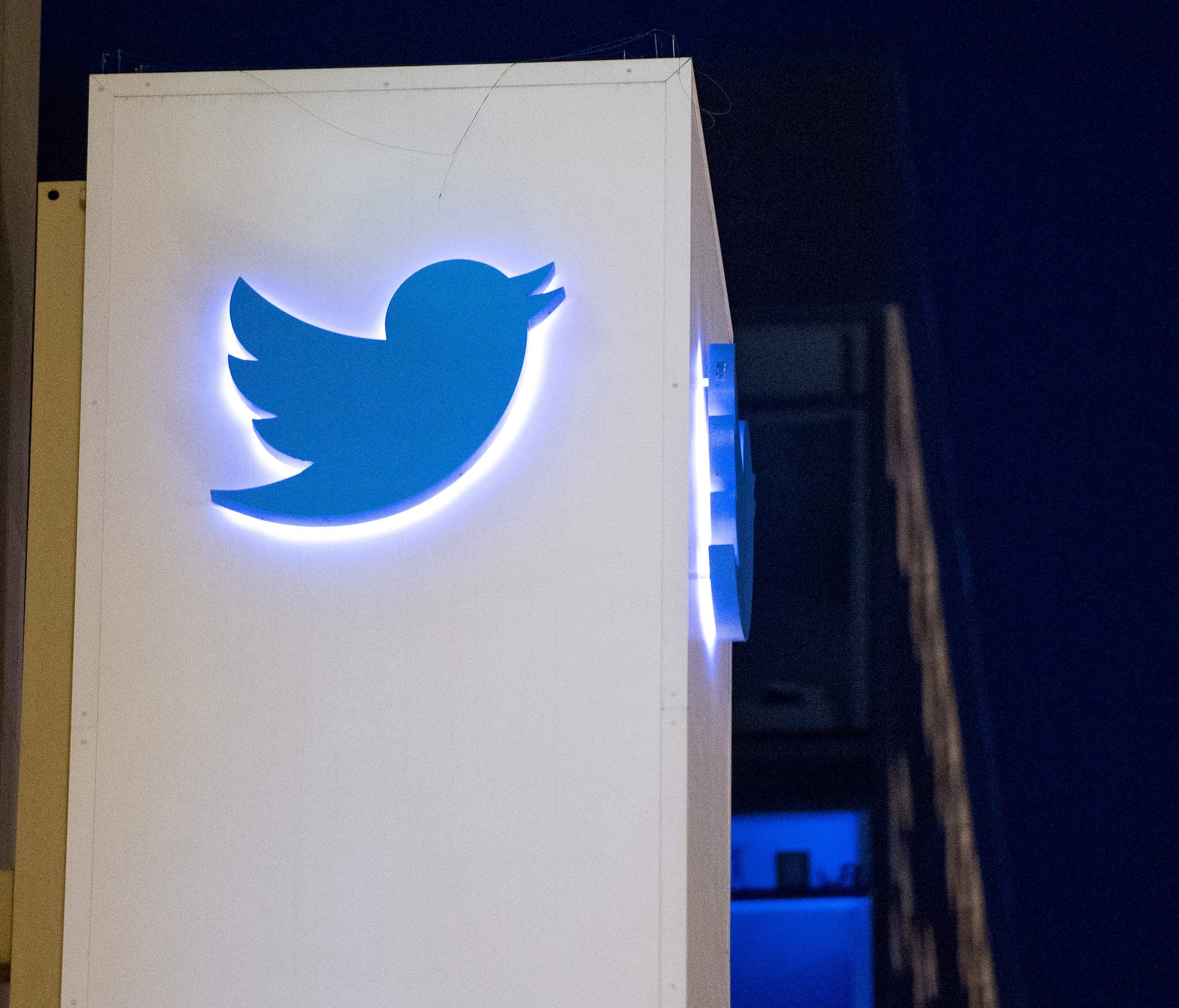 The Twitter logo at the company's headquarters in San Francisco.
