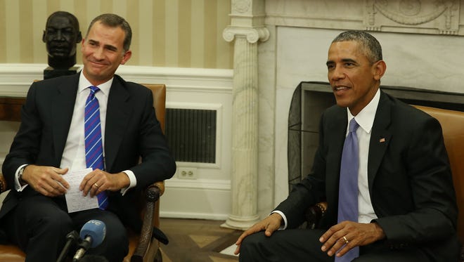President Obama meets with King Felipe VI of Spain during a bilateral meeting in the Oval Office at the White House Tuesday. King Felipe VI and Queen Letizia are visiting Washington in an effort to reinforce the American-Spanish relationship.