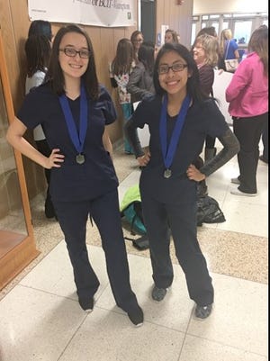 Bridgeton students Briana Sylejmani (left) and Karla Silva placed first at the Southern Regional Competition of the Health Occupations Students of America on Jan. 21. They plan to compete at the state competition in March.