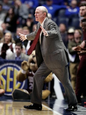 Mississippi State head coach Ben Howland watches the action in the first half of an NCAA college basketball game against Tennessee at the Southeastern Conference tournament Friday, March 15, 2019, in Nashville, Tenn. (AP Photo/Mark Humphrey)