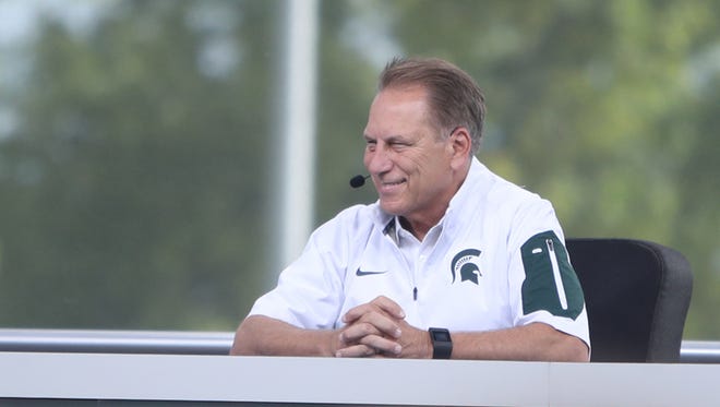 Michigan State Spartan head basketball coach Tom Izzo talks during the Big Ten Tailgate show held before action against the Wisconsin Badgers Saturday, Sept. 24, 2016 at Spartan Stadium in East Lansing, MI. 